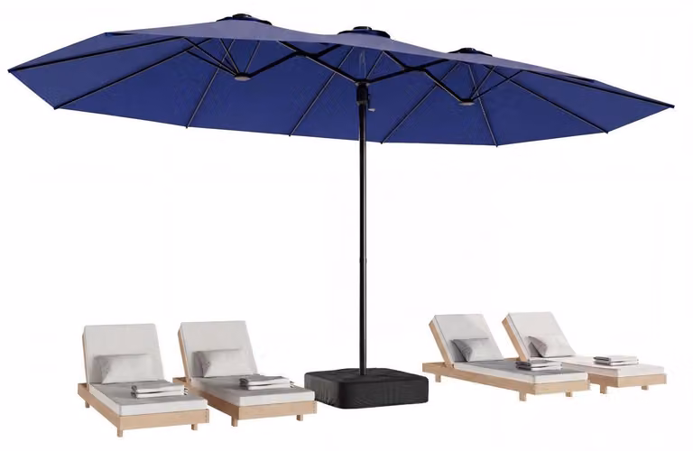 Ombrellone per terrazza, forma rettangolare, bilaterale, 396 cm, colore blu navy, con manovella