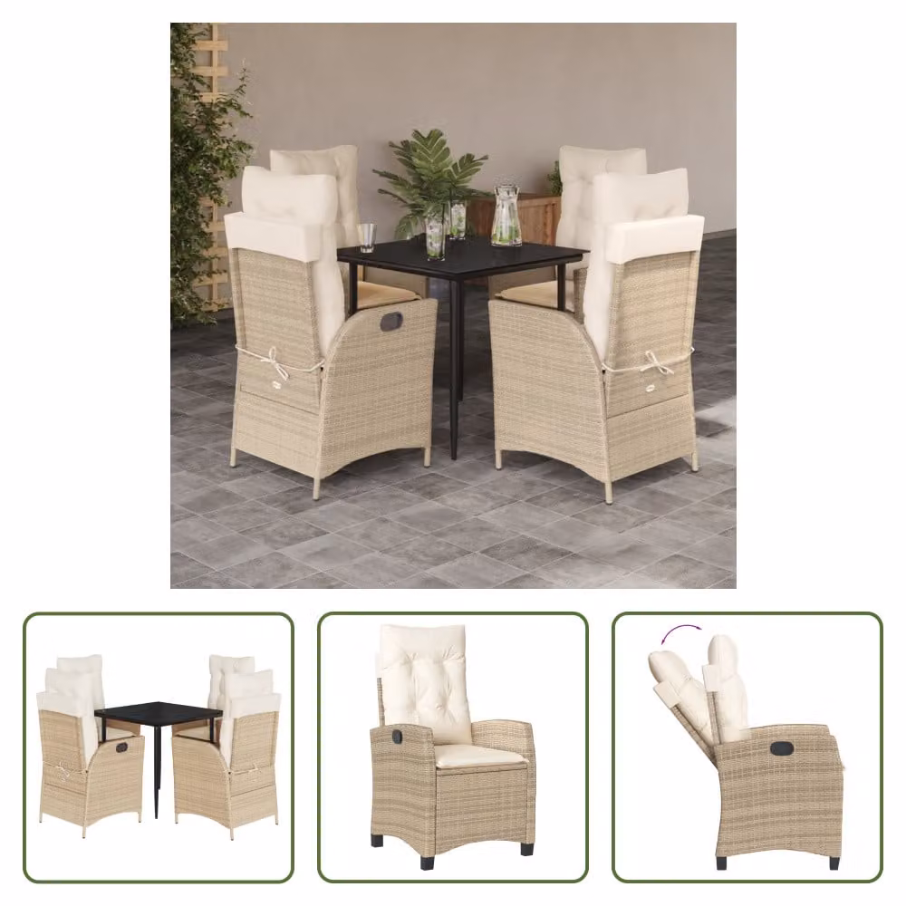 The Living Store Set da pranzo da giardino 5 pezzi con cuscini Beige poly rattan