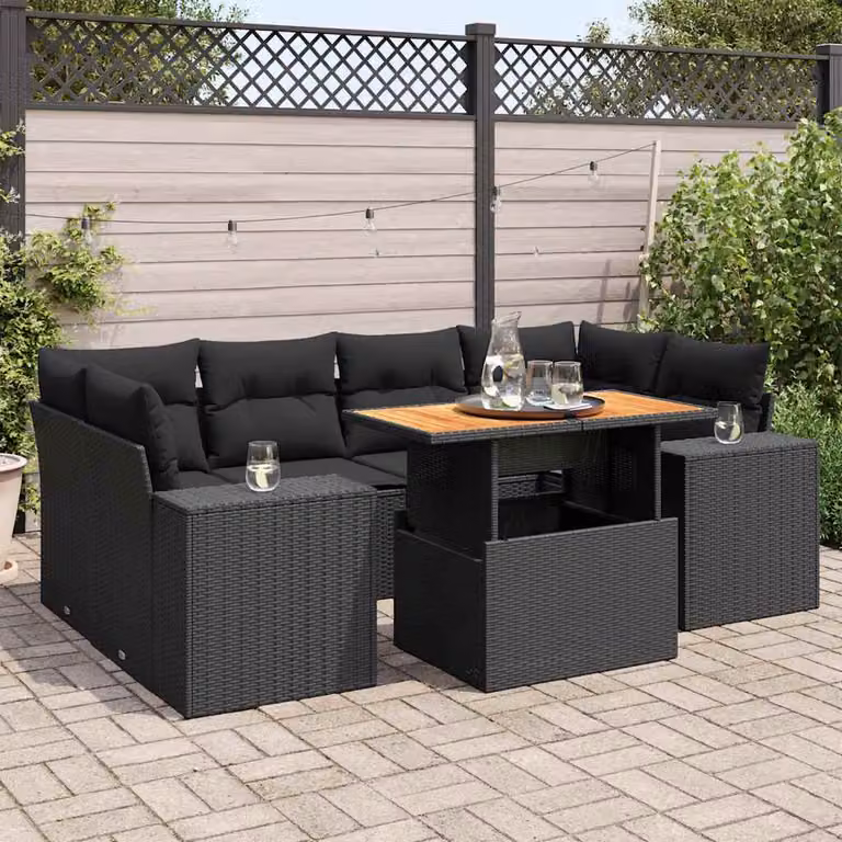 Set di divani da giardino vidaXL in rattan e legno di acacia oliato con 7 cuscini, colore nero