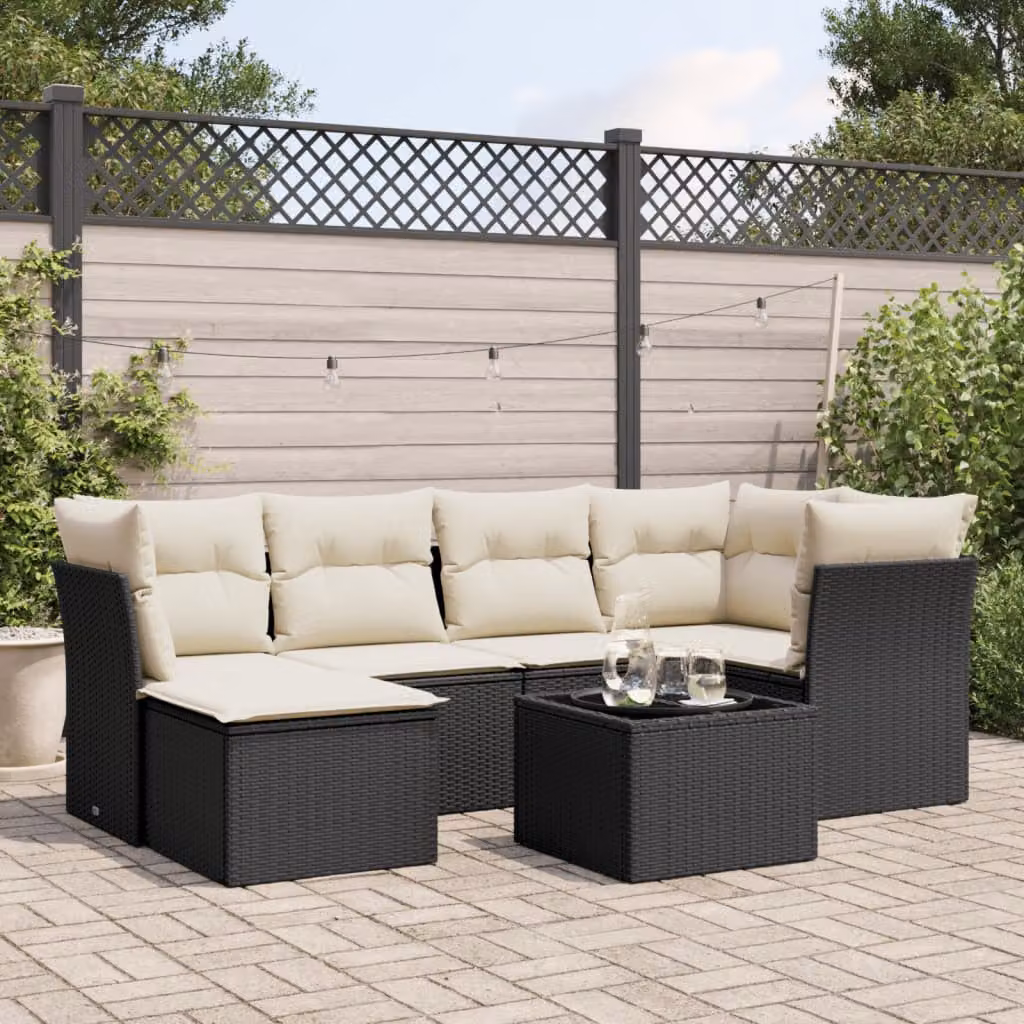 Set Divani da Giardino vidaXL in Polyrattan Nero con 7 Cuscini e Tavolino da Esterno – 1