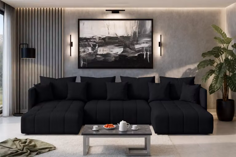 AX LIVING Divano a U nero con funzione letto Veliro U largo 353 cm