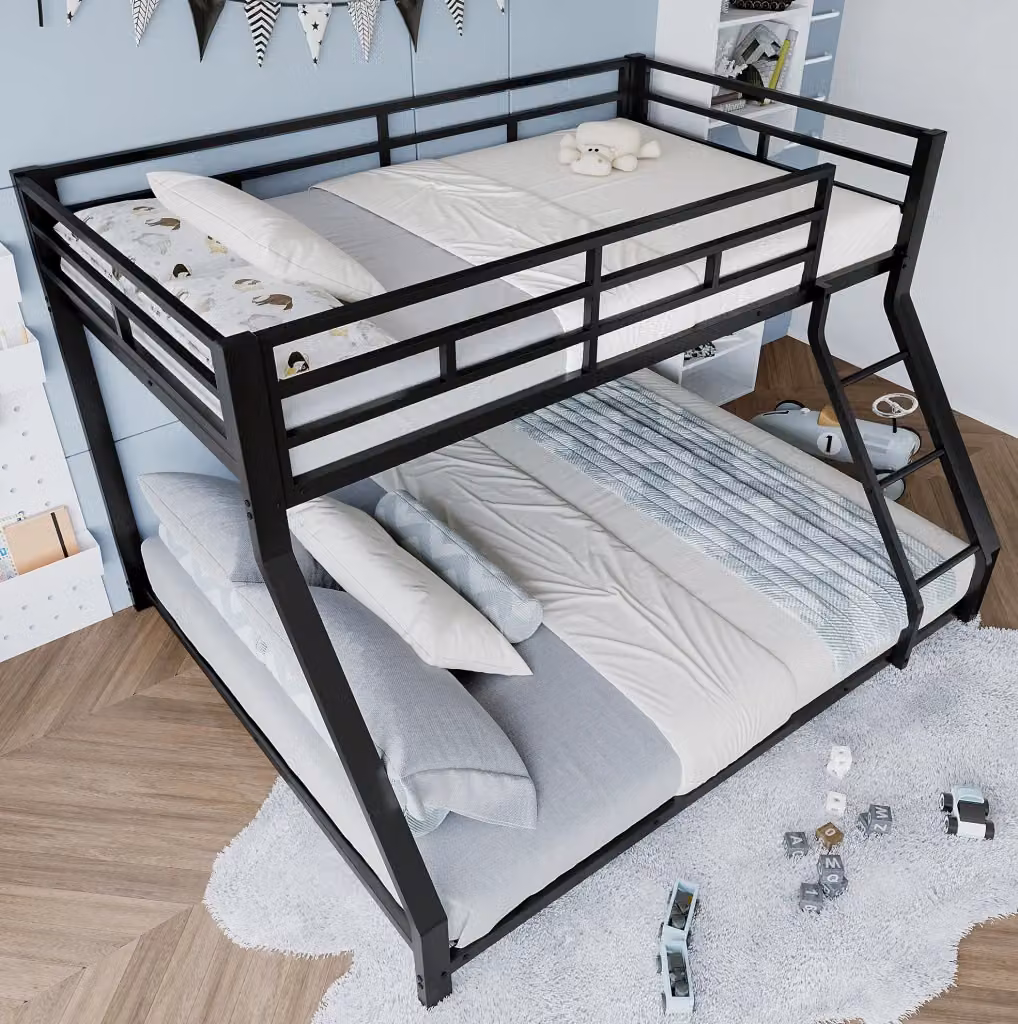Letto a castello MODFU in metallo nero con scala e spondine, L/P/H: 140 x 200 cm e 90 x 200 cm – 2