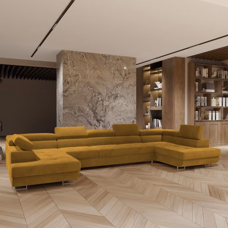 Divano angolare ISOLANO di Masseno con funzione letto a U, divano con box letto, divano da soggiorno, divano, divano letto, set di divani - giallo, MONOLITH 48