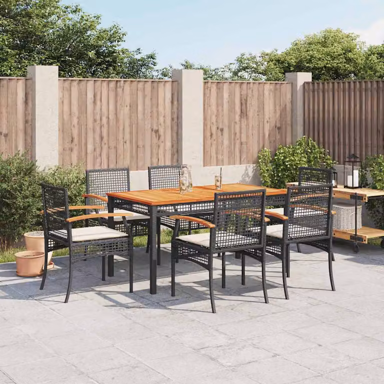Set da Pranzo da Giardino vidaXL in Polyrattan e Legno di Acacia con 7 Sedute e Cuscini, Nero e Bianco