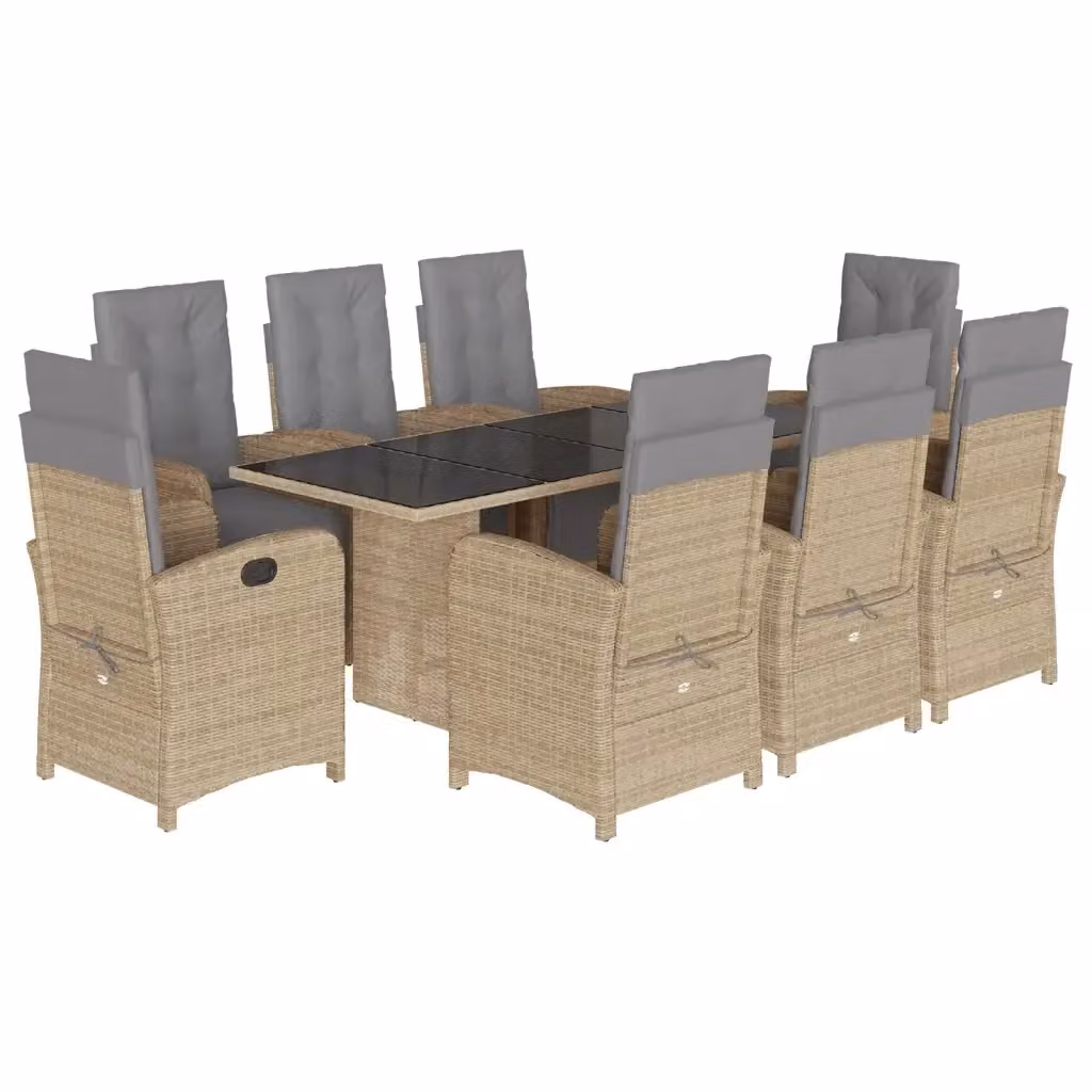 vidaXL Set da Pranzo da Giardino 9 pz in Polyrattan con Cuscini Beige e Tavolo in Vetro – 2
