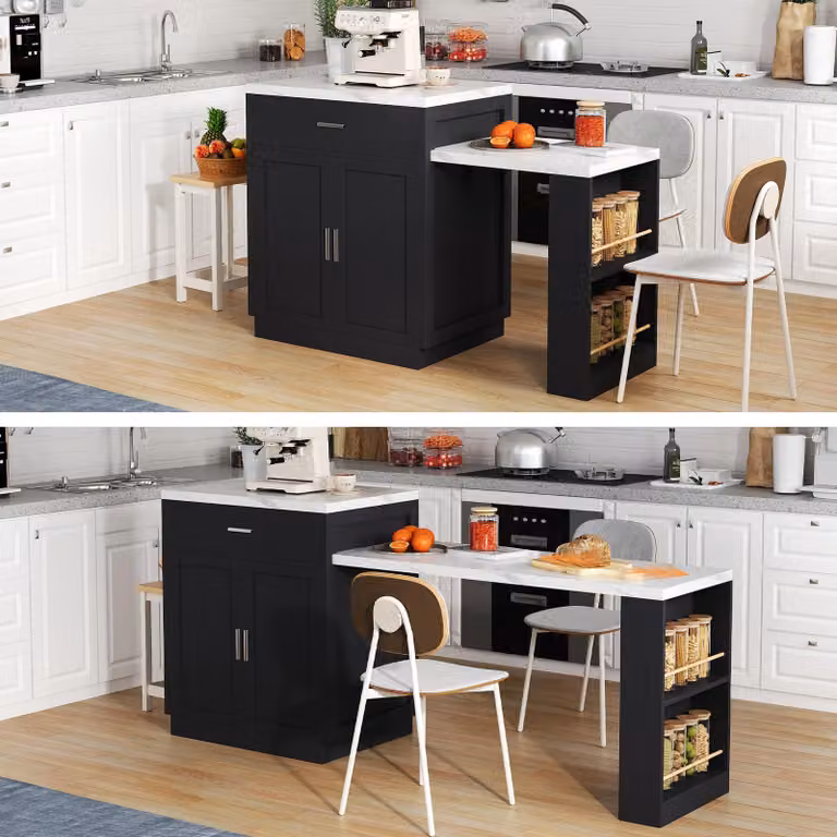 Isola da cucina Fortuna Lai con tavolo da pranzo estensibile per 4-6 persone, tavolo da cucina bicolore, presa di corrente, armadietto contenitore, 2 cassetti, 2 ripiani aperti laterali