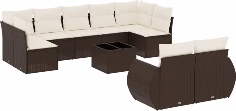 Set Divani da Giardino 10pz con Cuscini in Polyrattan Marrone