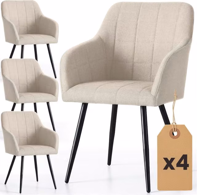 Set di 4 Sedie imbottite con cuciture quadrate LUXANO Beige gambe nere tessuto Lumos