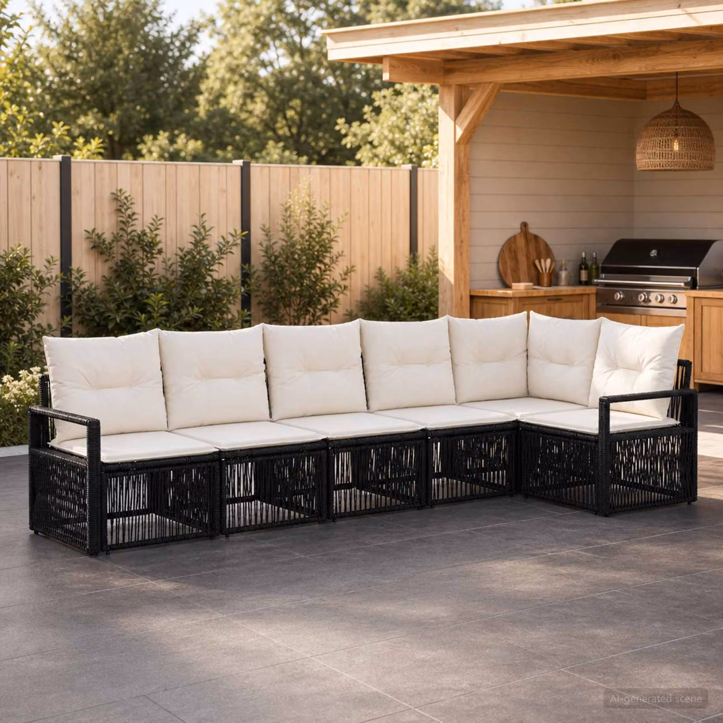Set Divano da Giardino vidaXL 6 pz L-Shape Nero con Cuscini Imbottiti e Struttura in Metallo