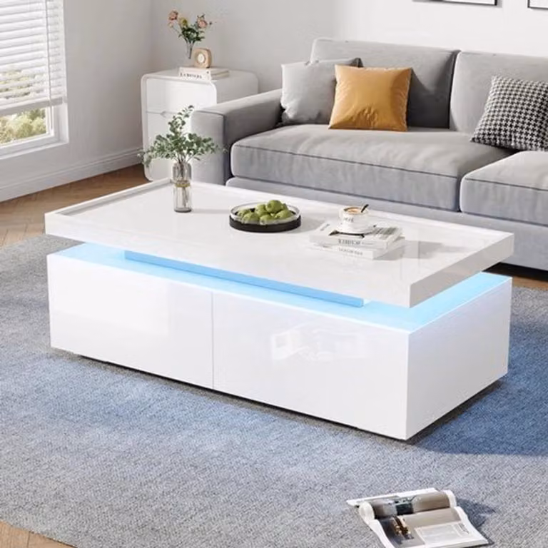 Tavolino da salotto - Bianco lucido - 111x54x54 cm - Con illuminazione a LED - Due cassetti