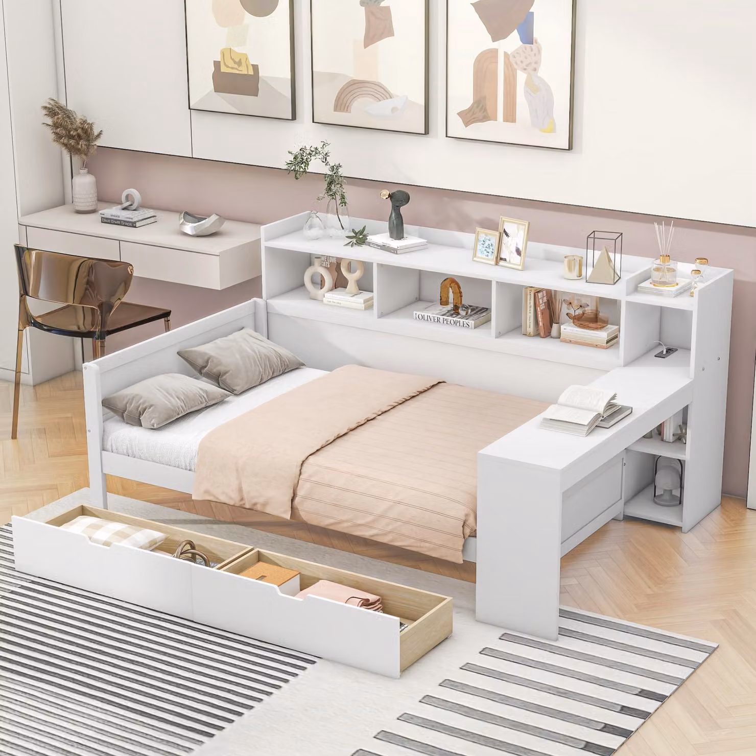 Letto imbottito 140x190 cm, grigio, con testiera contenitore, porte USB e Type-C, e illuminazione a LED. Struttura del letto in legno, rete a listelli, testiera regolabile