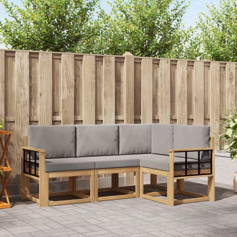 Set di divani da esterno vidaXL 4 pezzi a forma di L in legno di acacia con cuscini bianchi e grigi