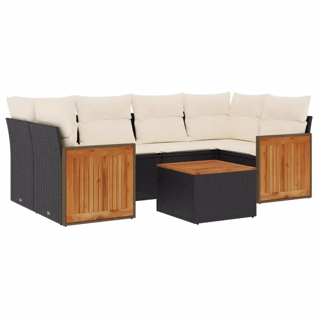 vidaXL Set Divani da Giardino a L con Cuscini 7pz in Polyrattan Nero e Legno di Acacia – 2