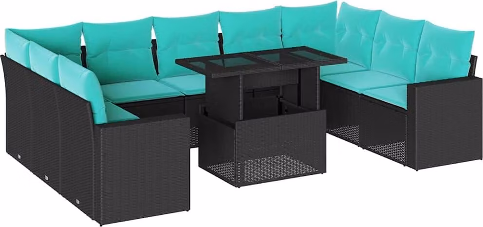 set di divani da giardino da 10 pezzi con cuscini, in polyrattan nero