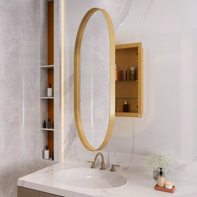 Mobile specchiera ovale WISHDOR da parete o incasso con telaio in metallo e ripiani in vetro, colore oro