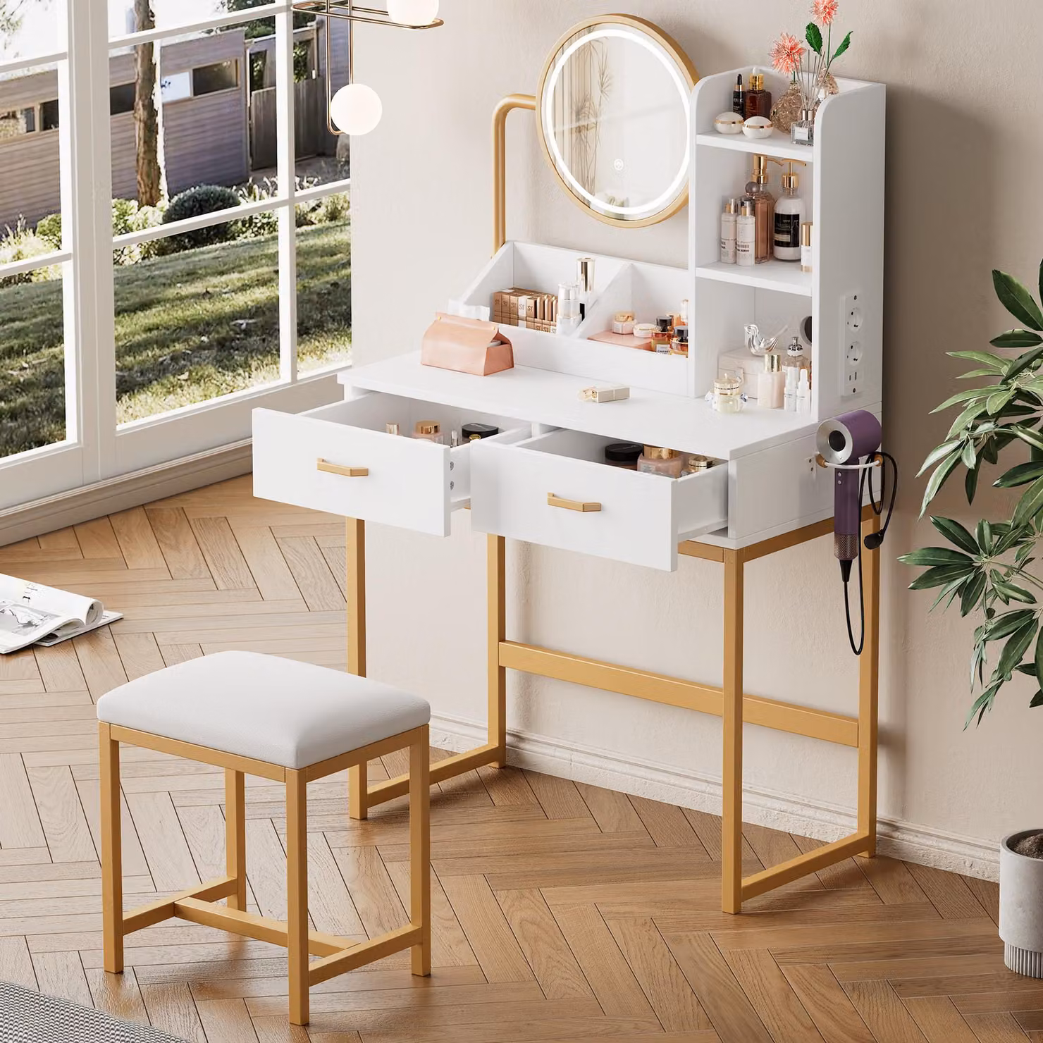 Toeletta moderna con illuminazione a LED e top rotante, Bianco e Oro, RN Store – 2