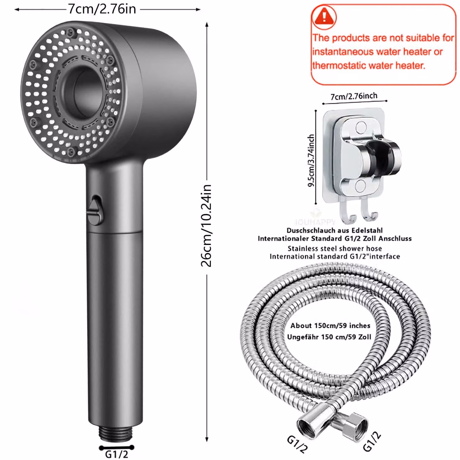 Doccia a mano con tubo flessibile - Set doccia - Forma rotonda - 5 getti - Tubo flessibile da 1,5 metri - Funzione anticalcare - Risparmio idrico - Grigio