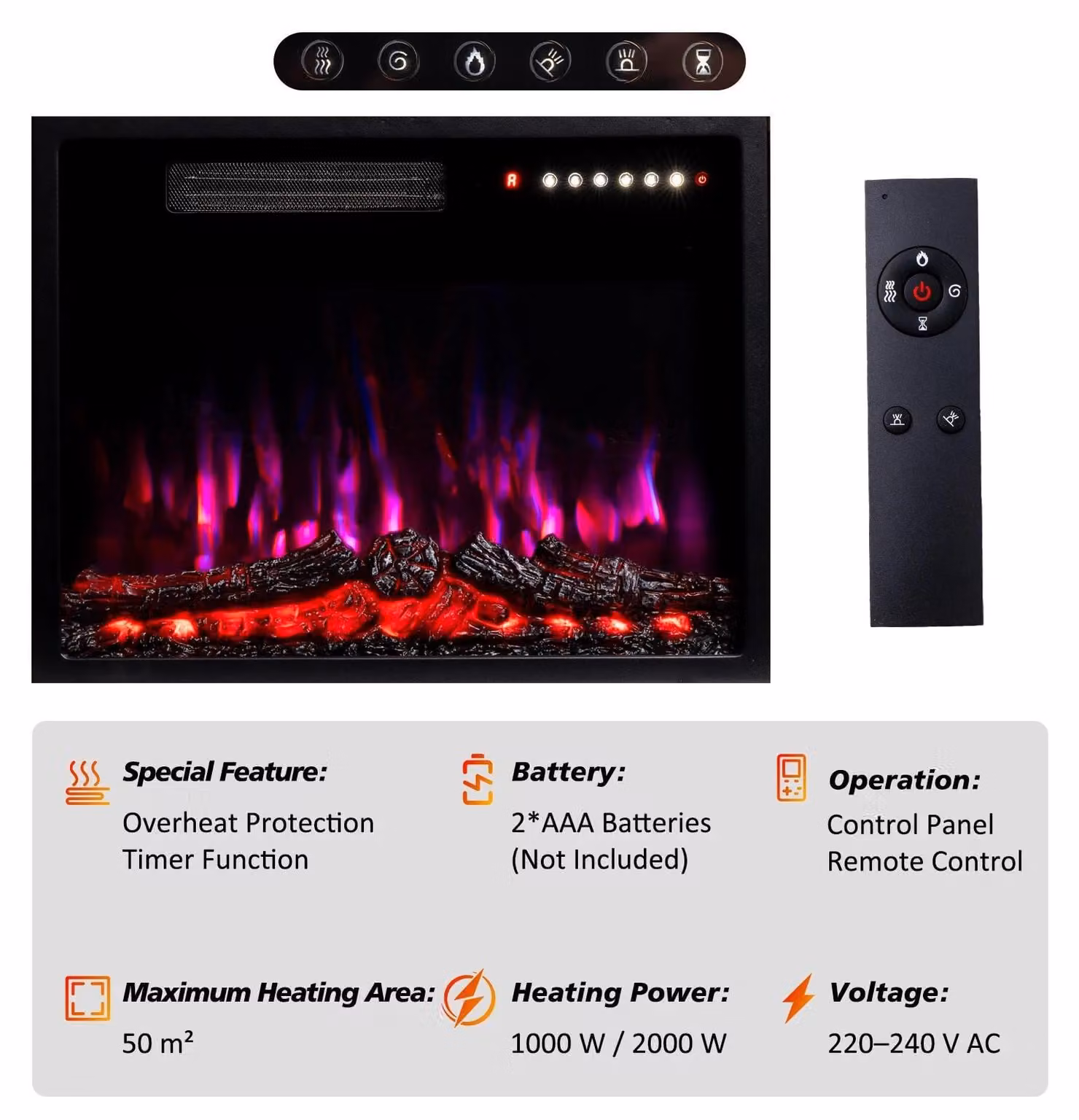 Caminetto elettrico - Con cornice - Effetto fiamma 3D - Timer 1–8 ore - 5 livelli di velocità - 5 livelli di luminosità - Alimentazione a corrente - Colore bordeaux