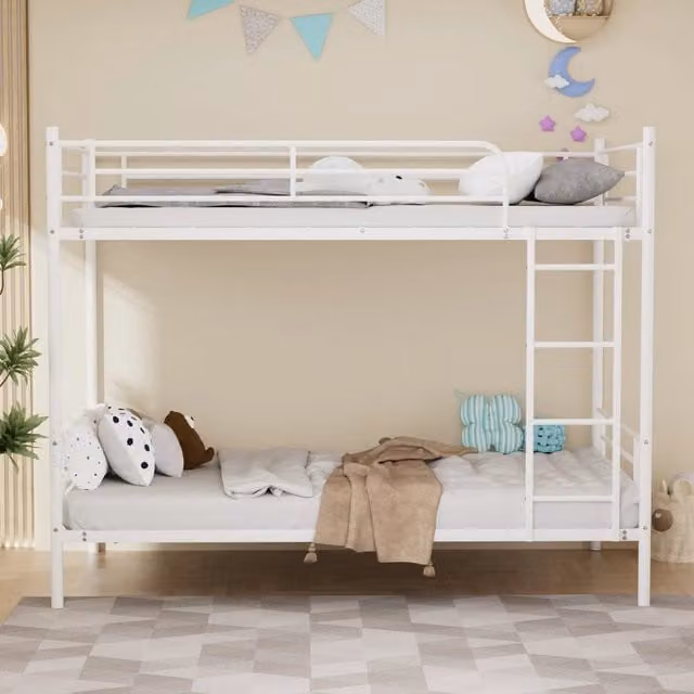 Letto a castello per bambini OKWISH in metallo bianco con scala e barriera di sicurezza, L/P/H: 190 x 90 x 160 cm