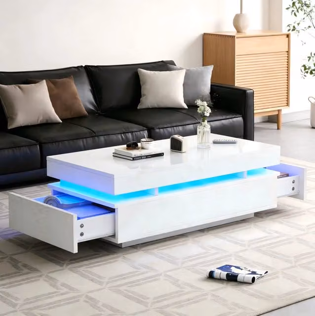 Tavolino da Salotto Bianco Lucido 100x50x35 cm con 2 Cassetti e Illuminazione LED