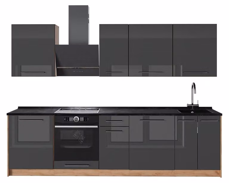Cucina componibile Vicco Fame-Line Antracite lucido/Rovere dorato 280 cm, PL Antracite, Model 64188