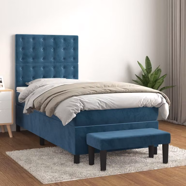 The Living Store Letto a molle con materasso blu scuro 80x200 cm in velluto