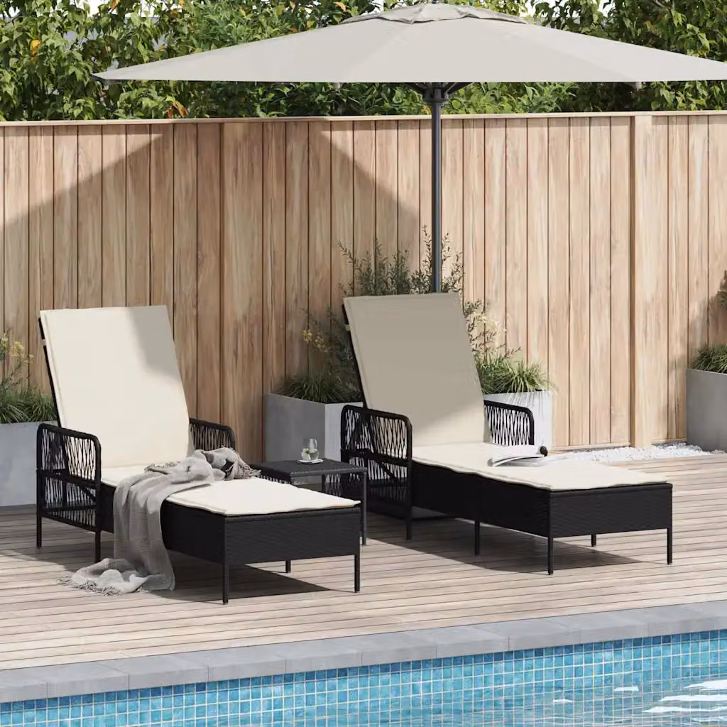Set di 3 lettini da sole vidaXL in polyrattan con struttura in acciaio nero e bianco crema