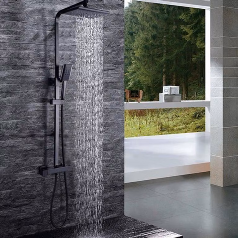 Set doccia multifunzione quadrato - Nero - Con termostato - Barra di scorrimento da 90-110 cm con doccetta manuale