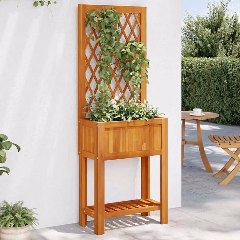 Fioriera con Traliccio e Ripiano vidaXL in Legno di Acacia Marrone L: 55 cm, P: 29,5 cm, H: 152 cm