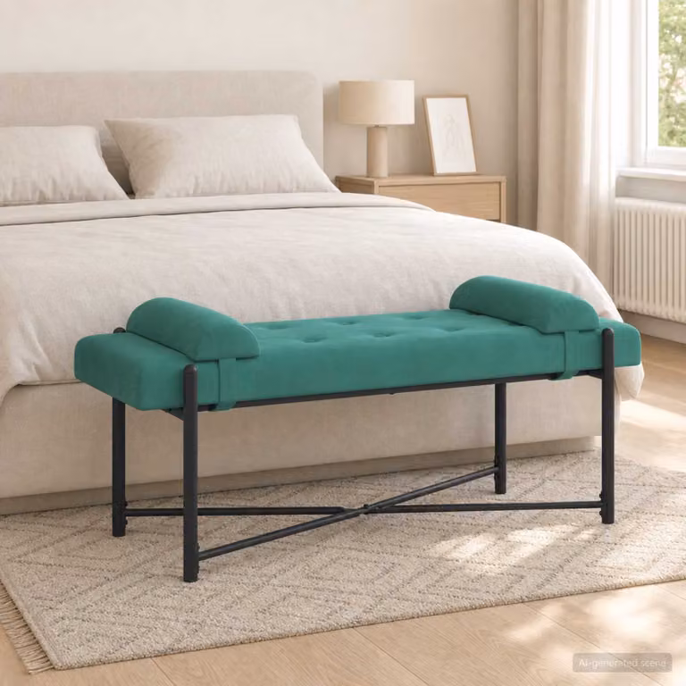 Panchina moderna vidaXL in velluto turchese con bottoni e cuscini, L 110 x P 40 x H 46 cm