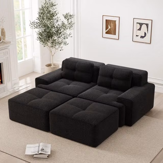Divano modulare nuvola a 2 posti nero in velluto a coste, con pouf e seduta profonda, 204 x 177 x 69 cm