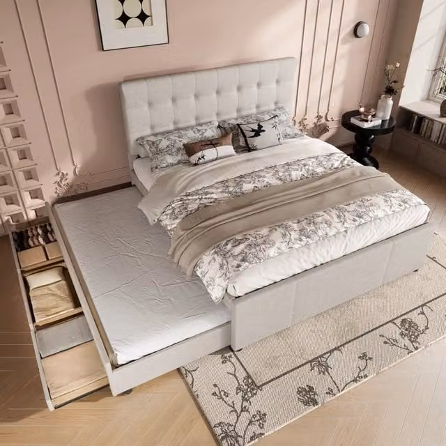 Letto matrimoniale 140 × 200 cm con letto estraibile, 3 cassetti e testiera regolabile, senza materasso, beige
