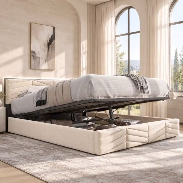 Letto imbottito 140x190 cm con rete a doghe e testiera regolabile in velluto beige