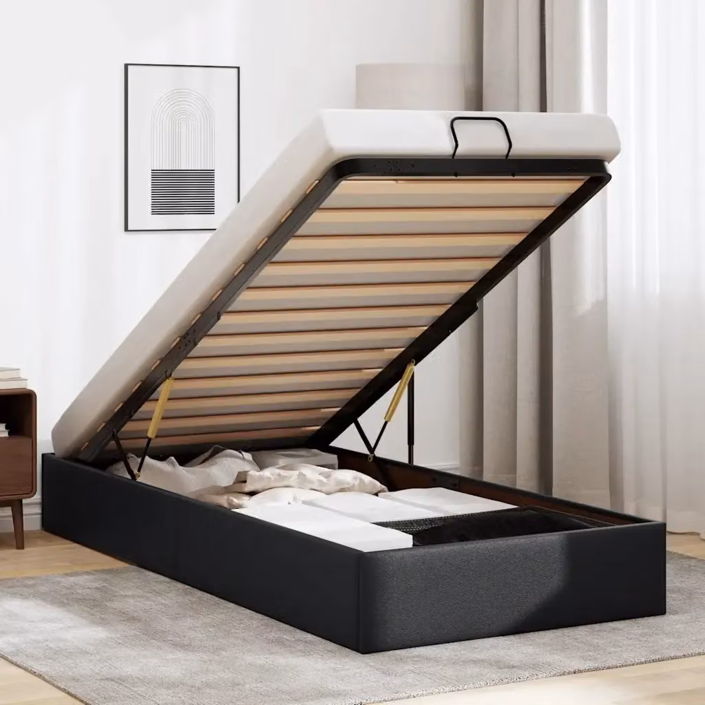 Letto singolo moderno DESIGN IN con contenitore a sollevamento in similpelle nero L/P/H: 190 x 90 x 23,5 cm – 2