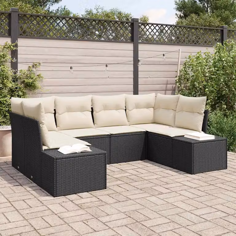 Set Divano da Giardino a L vidaXL da 6 Posti con Cuscini in Nero e Beige con Struttura in Acciaio e Design Moderno