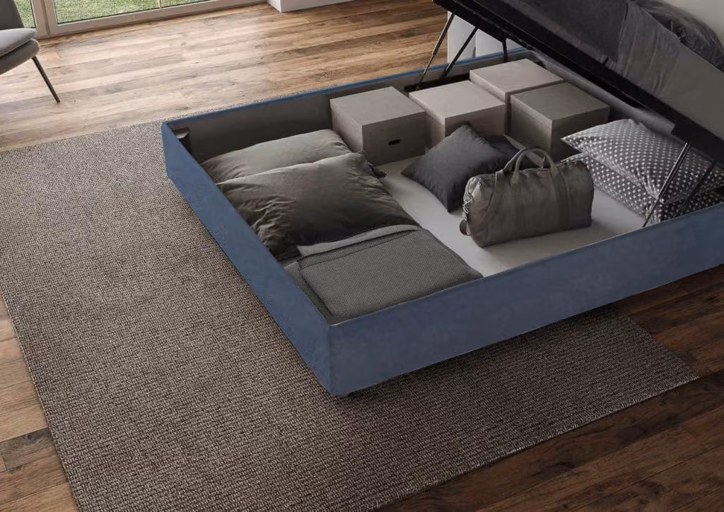 Letto Queen Size Appia Large Ityhome con Rete Imbottita e Base a Sollevamento in Microfibra Azzurro L/P: 150 x 210 cm – 2
