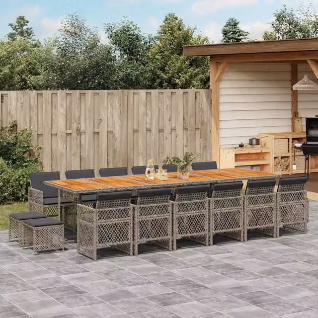 Set da pranzo da giardino vidaXL in polyrattan e legno di acacia con cuscini, colore grigio e marrone