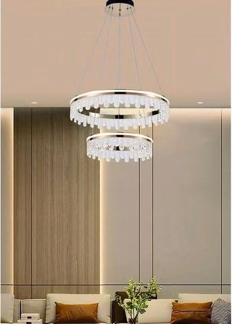 Trade Shop - Lampadario Led A Sospensione Oro 72w 2 Cerchi Con Cristalli 3 Colori Luce Lp-55-3c -