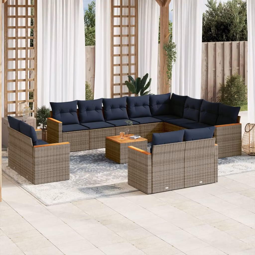 Set Divani da Giardino vidaXL 13 pz a Forma a L con Tavolino, Polyrattan e Cuscini, Grigio e Blu