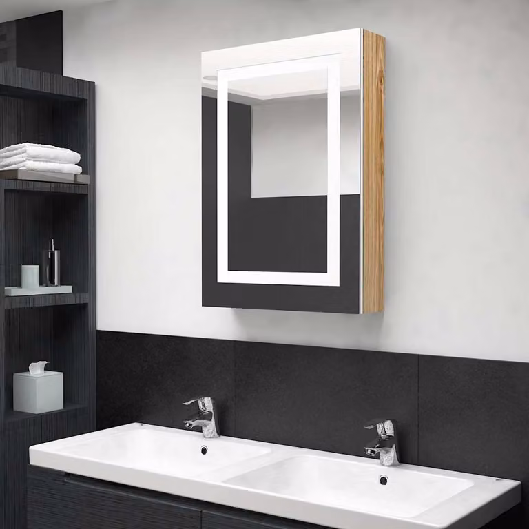 Armadietto da bagno con specchio e illuminazione LED vidaXL, Bianco e Rovere, L 50 cm x P 13 cm x H 70 cm
