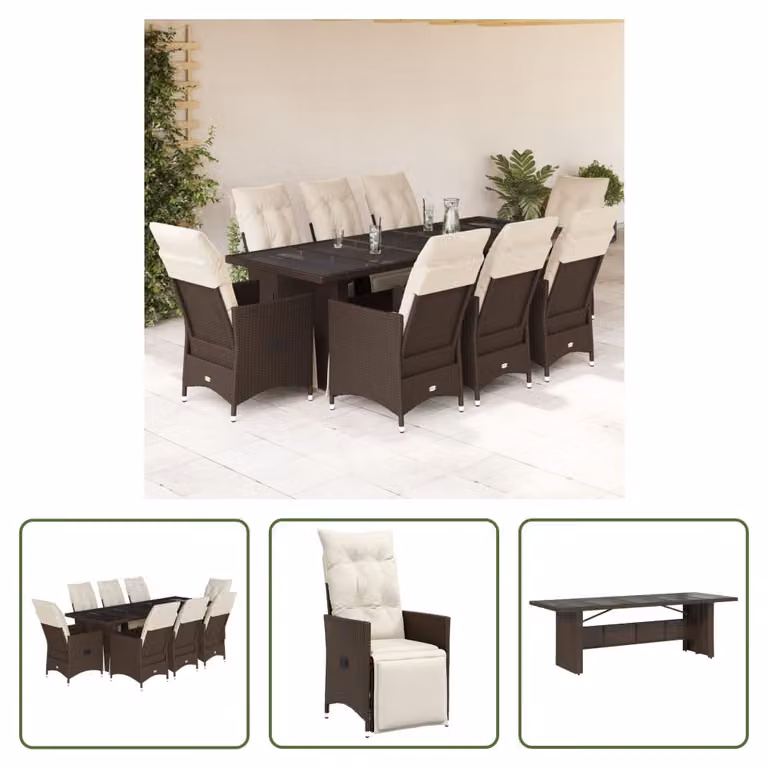 The Living Store Set bistrot da giardino da 9 pezzi con cuscini in poly rattan marrone
