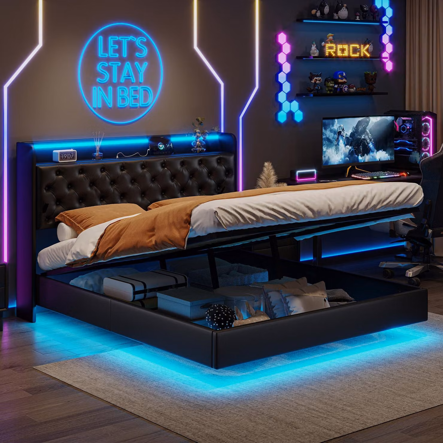 Letto imbottito con boxspring, dimensioni 140x200 cm, con illuminazione LED e prese USB, adatto per ragazzi o come letto matrimoniale, con rete a molle e testiera contenitore, rivestito in PU, colore nero