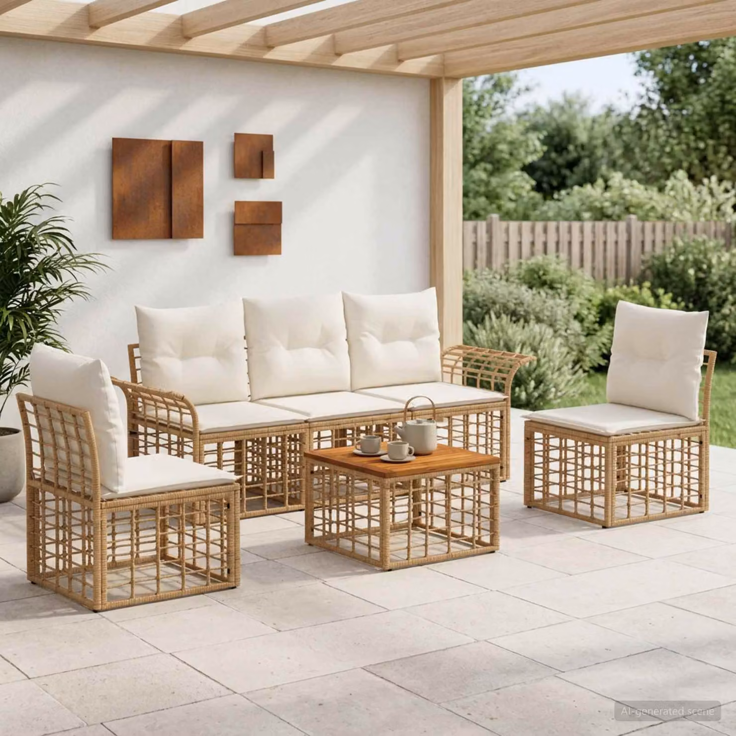 Set di divani da esterno vidaXL 6 pezzi con tavolo da caffè, design moderno a L in stile rattan, colore beige e bianco crema