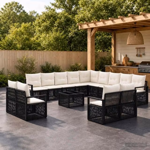 Set Divano da Giardino Moderno vidaXL in Polyrattan Nero con Cuscini e Tavolino