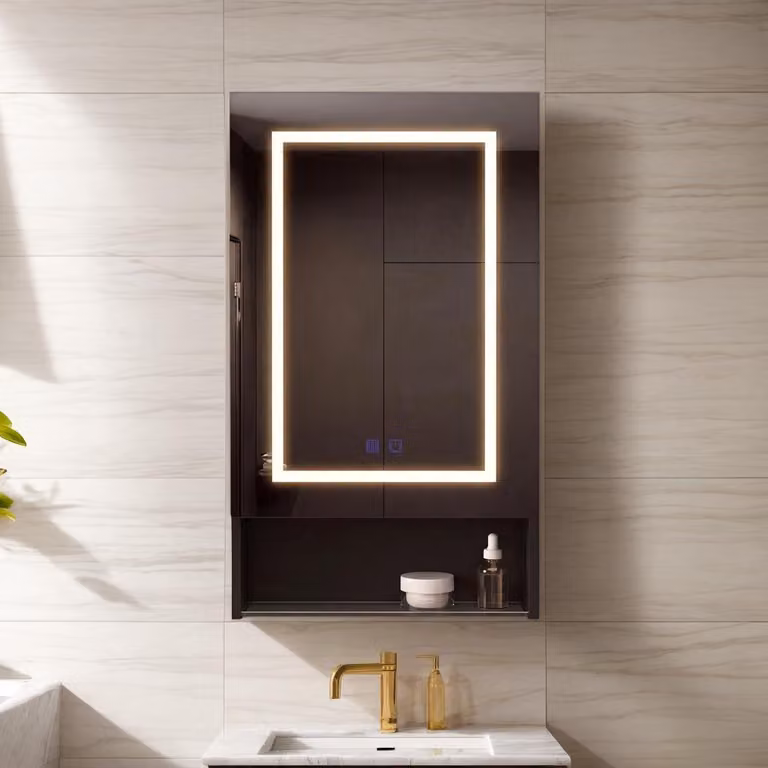 INONEFT, mobiletti da bagno con specchio e illuminazione, armadietto da bagno con una porta e specchio, mobile da parete con ripiani in vetro regolabili, 50x88x16 cm, colore nero