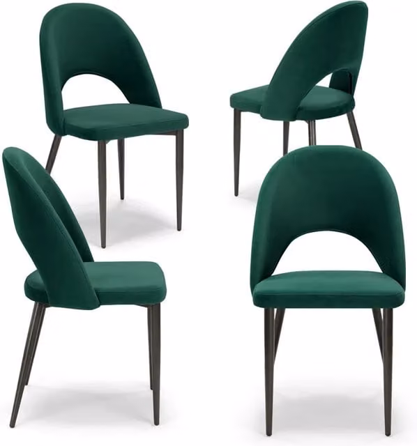 Set 4 sedie imbottite per sala da pranzo SOLE, MADE IN ITALY, design moderno, rivestimento in tessuto morbido velluto idrorepellente, colore Verde Smeraldo, gambe coniche robuste in metallo