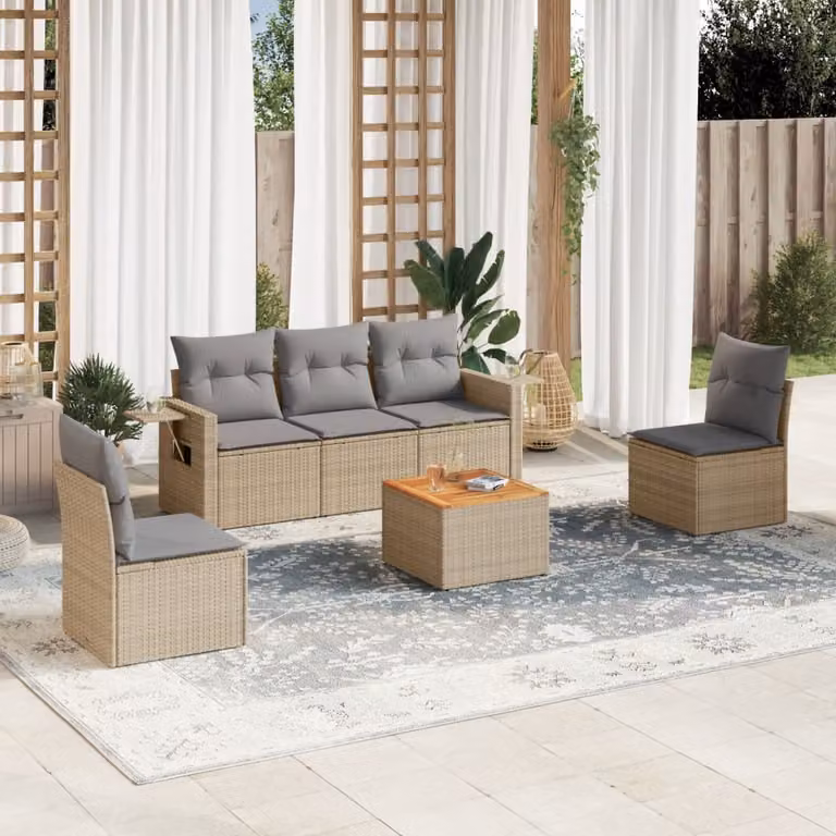 Set Divano da Giardino vidaXL 6 pz in Polyrattan Beige con Cuscini e Tavolino