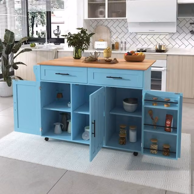 Carrello da cucina con cassetti; piano pieghevole e ruote; MDF blu chiaro; 129 x 71 x 91;5 cm