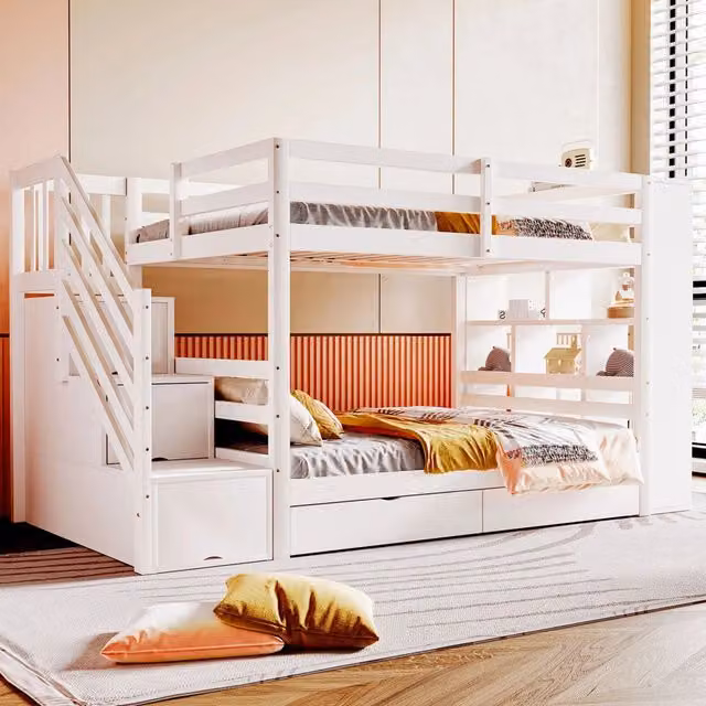Letto a castello 90x200 cm - Zephmum - Bianco - Con scala di sicurezza, cassetti e ripiani