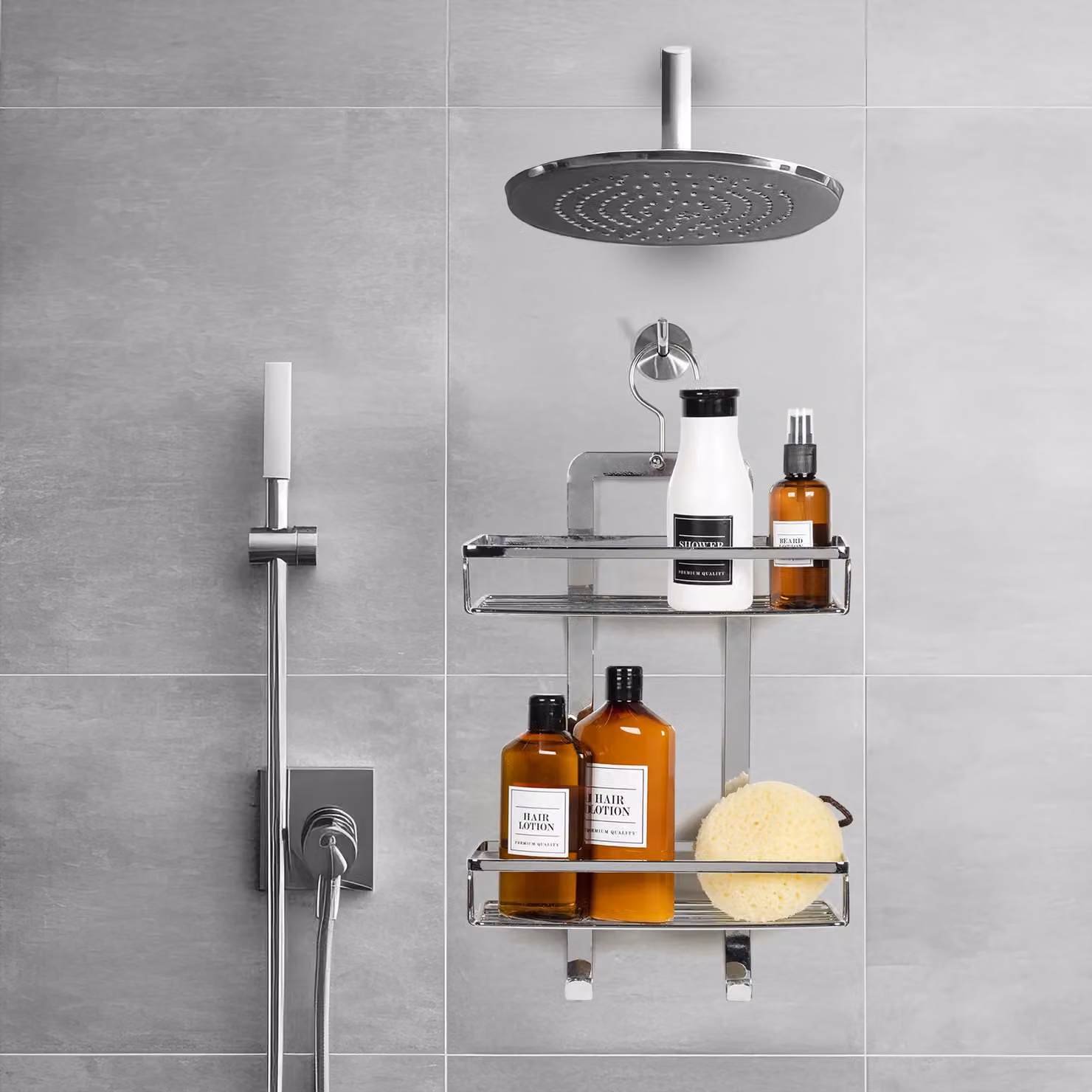 Mensola con 2 ripiani e ganci in metallo cromato VESTIAMO CASA Linea Dalia, H 38 cm x L 26 cm x P 11 cm – 2